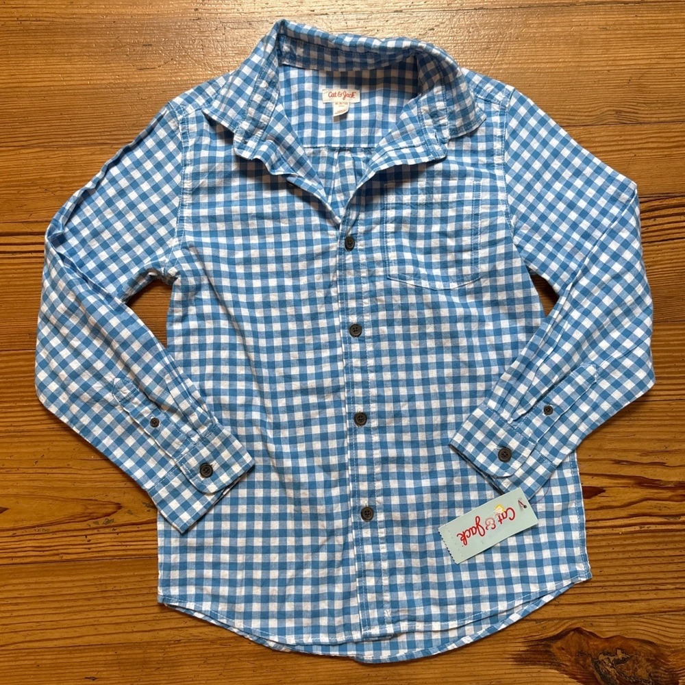 Cat & Jack Button Down‎ Shirt Kids Blue New Gingham Plaid Cotton SIZE M (8/10)